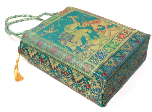 Aqua Green Handbag Ethnic Woven Zari Brocade Fabric Elephant Shoulder Hand Bag