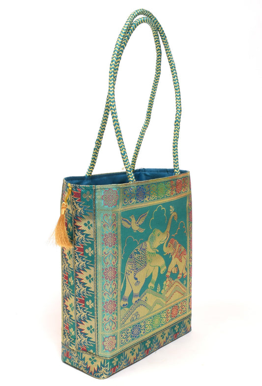Aqua Green Handbag Ethnic Woven Zari Brocade Fabric Elephant Shoulder Hand Bag