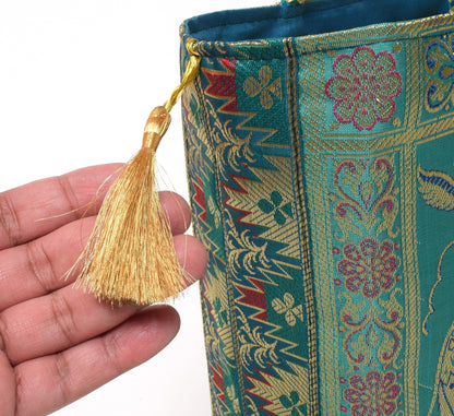 Aqua Green Handbag Ethnic Woven Zari Brocade Fabric Elephant Shoulder Hand Bag