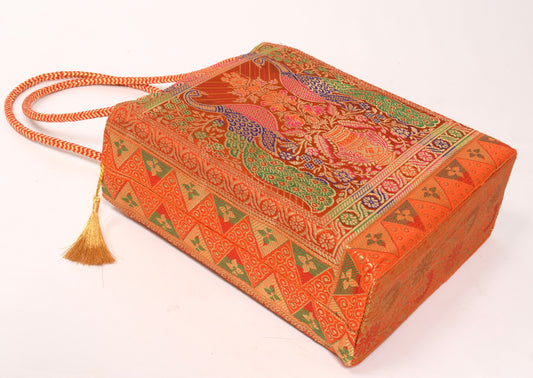 Orange Handbag Indian Ethnic Woven Zari Brocade Fabric Peacock Shoulder Hand Bag