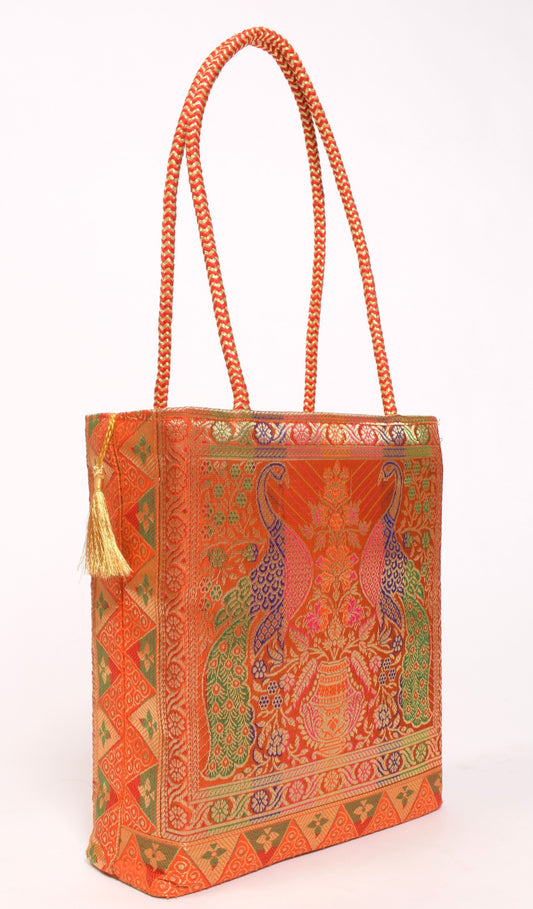Orange Handbag Indian Ethnic Woven Zari Brocade Fabric Peacock Shoulder Hand Bag