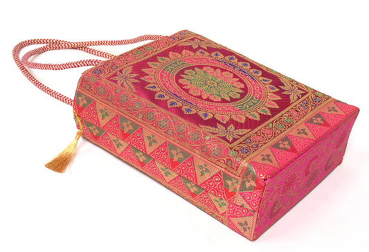 Pink Handbag Indian Ethnic Mandala Woven Zari Brocade Fabric Shoulder Hand Bag