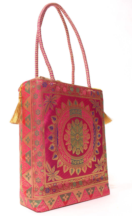 Pink Handbag Indian Ethnic Mandala Woven Zari Brocade Fabric Shoulder Hand Bag