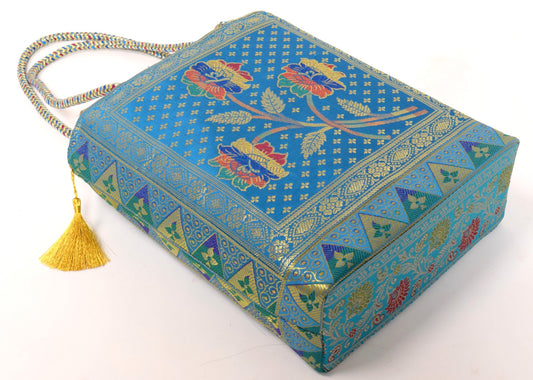 Turquoise Blue Handbag Indian Ethnic Woven Zari Brocade Floral Shoulder Hand Bag