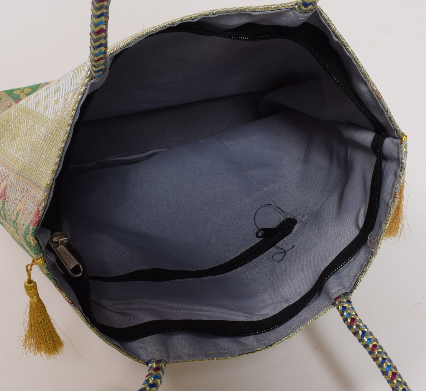 Indian Ethnic Handbag Morpankh Woven Zari Brocade Fabric Gray Shoulder Hand Bag
