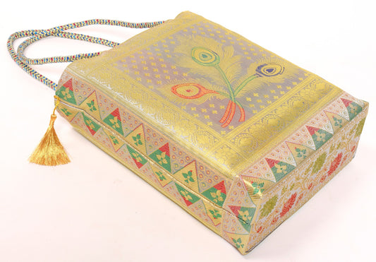 Indian Ethnic Handbag Morpankh Woven Zari Brocade Fabric Gray Shoulder Hand Bag