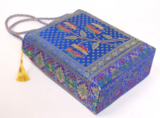 Indian Ethnic Handbag Blue Floral Woven Zari Brocade Fabric Shoulder Hand Bag