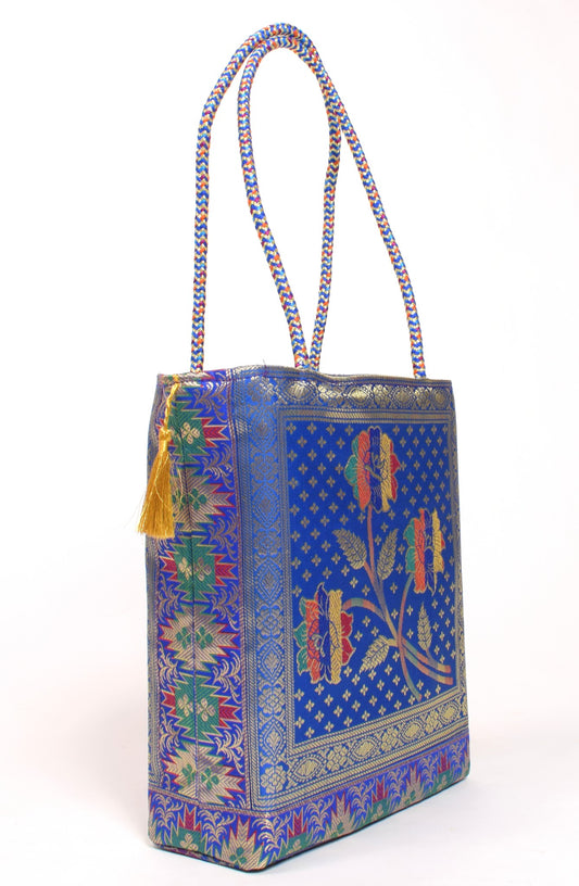 Indian Ethnic Handbag Blue Floral Woven Zari Brocade Fabric Shoulder Hand Bag
