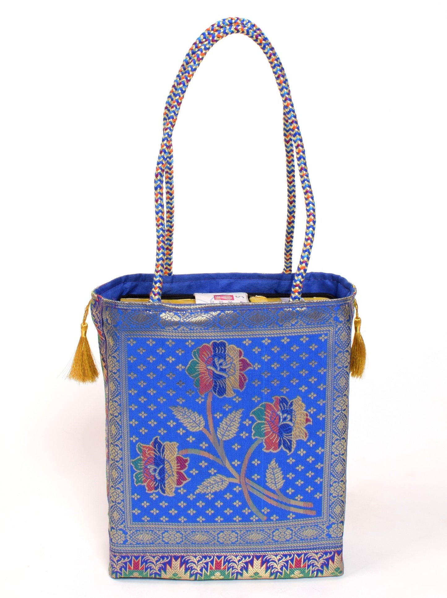 Indian Ethnic Handbag Blue Floral Woven Zari Brocade Fabric Shoulder Hand Bag