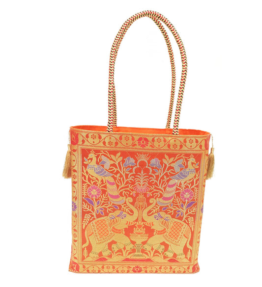 Orange Indian Handbag Ethnic Peacock Elephant Woven Zari Brocade Shoulder Bag