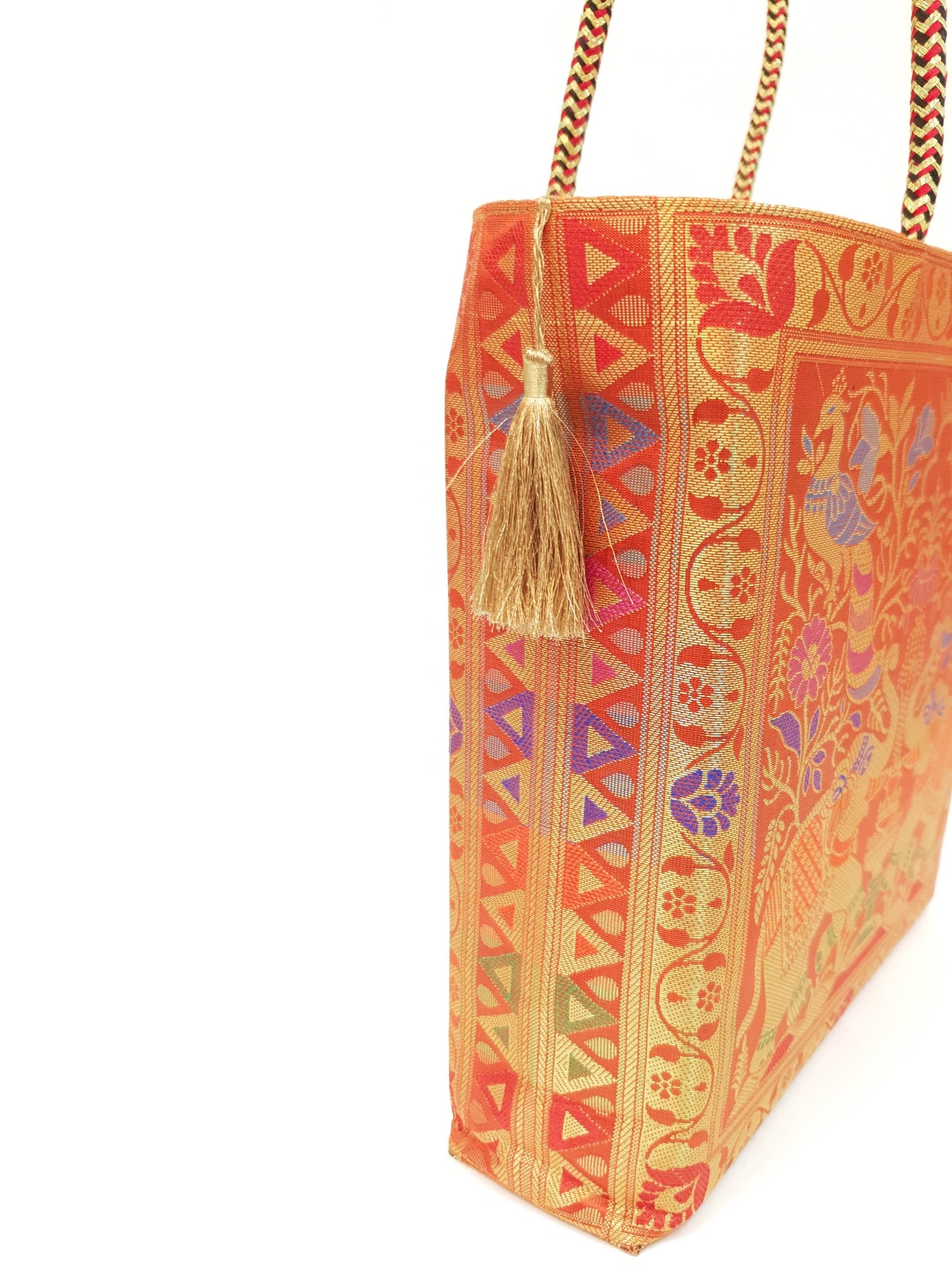 Orange Indian Handbag Ethnic Peacock Elephant Woven Zari Brocade Shoulder Bag