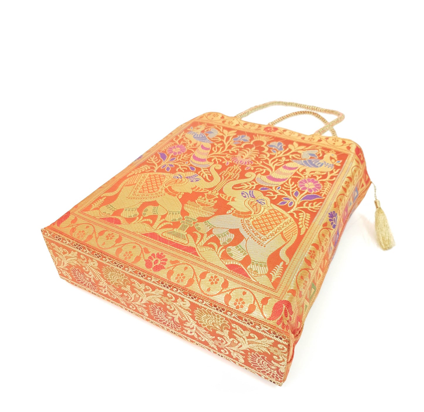 Orange Indian Handbag Ethnic Peacock Elephant Woven Zari Brocade Shoulder Bag