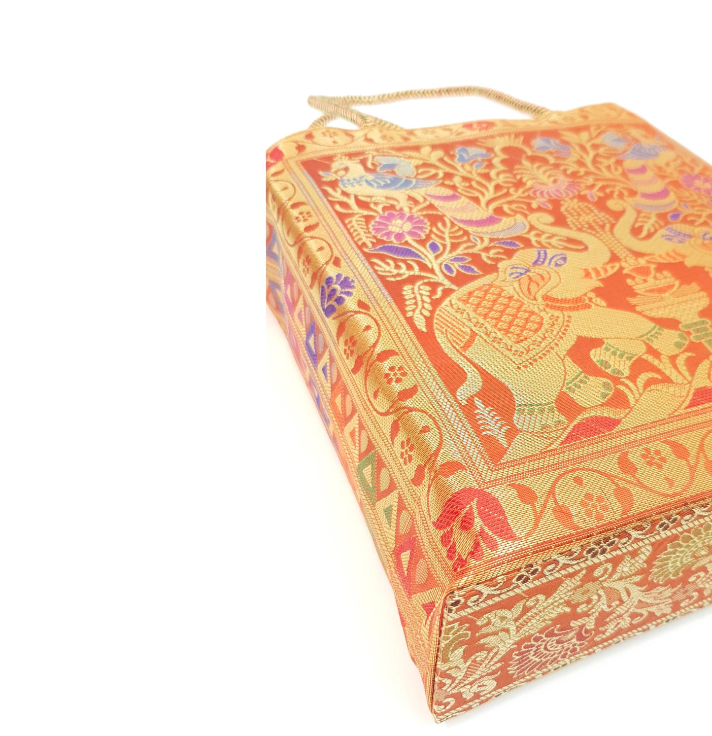 Orange Indian Handbag Ethnic Peacock Elephant Woven Zari Brocade Shoulder Bag