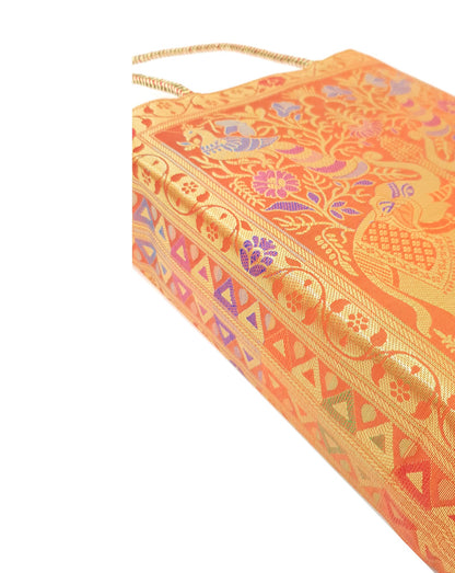 Orange Indian Handbag Ethnic Peacock Elephant Woven Zari Brocade Shoulder Bag