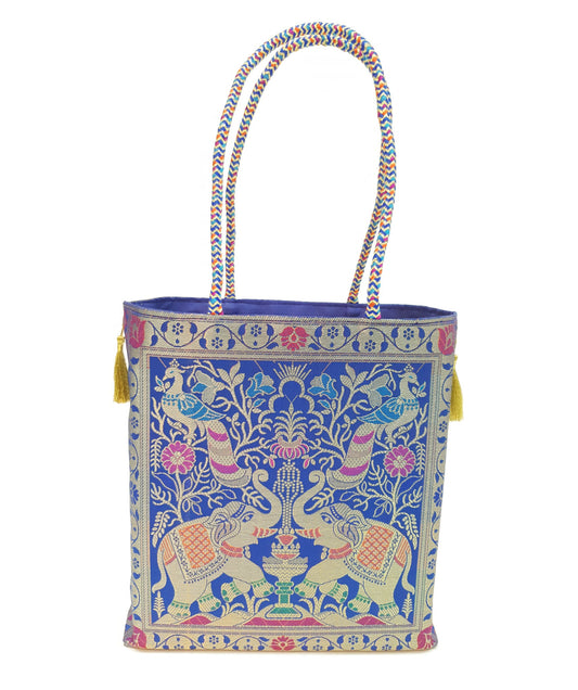 Blue Indian Handbag Ethnic Peacock Elephant Woven Zari Brocade Shoulder Hand Bag
