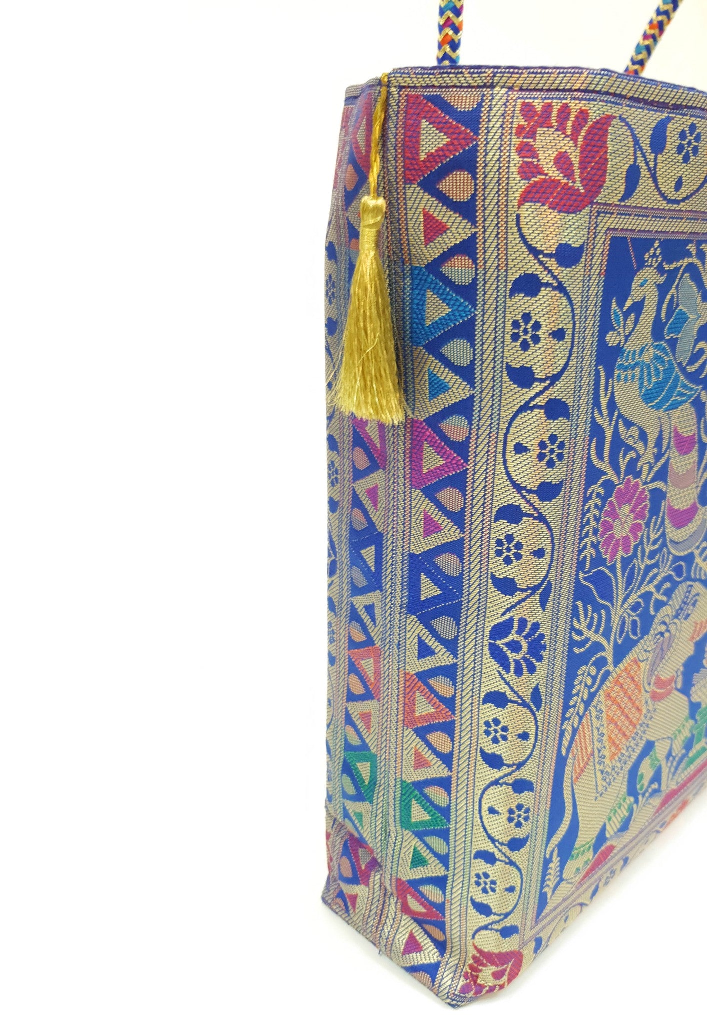 Blue Indian Handbag Ethnic Peacock Elephant Woven Zari Brocade Shoulder Hand Bag