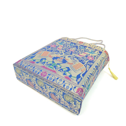Blue Indian Handbag Ethnic Peacock Elephant Woven Zari Brocade Shoulder Hand Bag