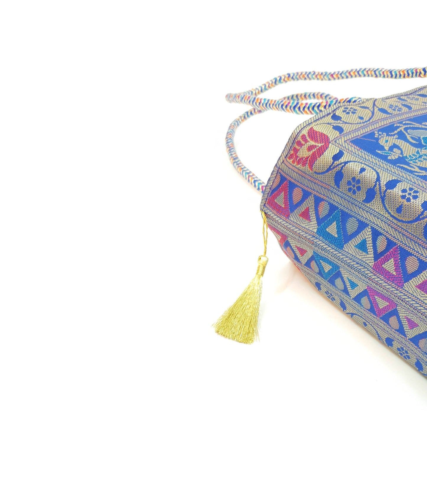 Blue Indian Handbag Ethnic Peacock Elephant Woven Zari Brocade Shoulder Hand Bag