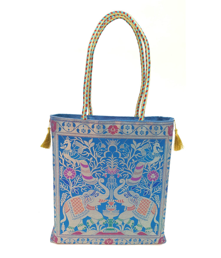 Turquoise Blue Handbag Ethnic Peacock Elephant Woven Zari Brocade Shoulder Bag