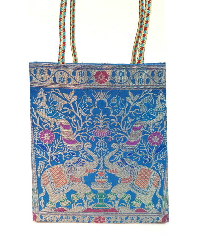 Turquoise Blue Handbag Ethnic Peacock Elephant Woven Zari Brocade Shoulder Bag