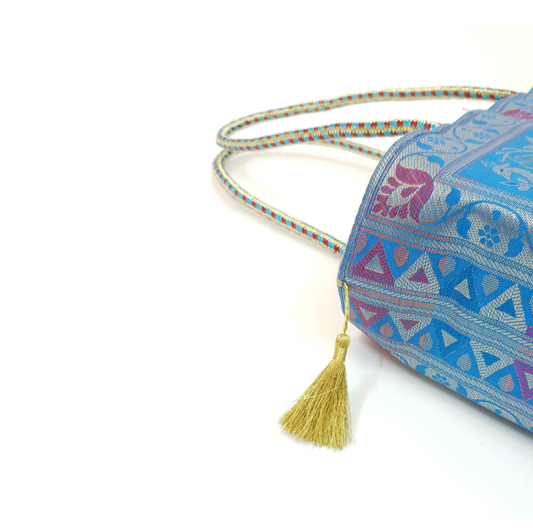 Turquoise Blue Handbag Ethnic Peacock Elephant Woven Zari Brocade Shoulder Bag