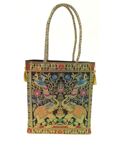 Black Indian Handbag Ethnic Peacock Elephant Woven Zari Brocade Shoulder Bag