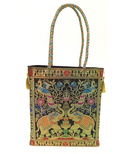 Black Indian Handbag Ethnic Peacock Elephant Woven Zari Brocade Shoulder Bag