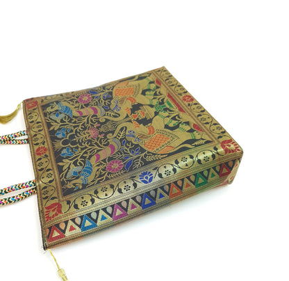 Black Indian Handbag Ethnic Peacock Elephant Woven Zari Brocade Shoulder Bag