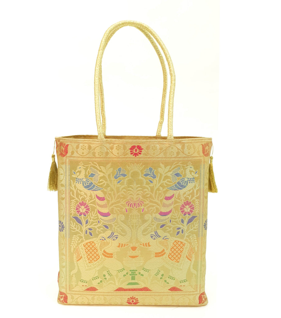 Beige Indian Handbag Ethnic Peacock Elephant Woven Zari Brocade Shoulder Bag