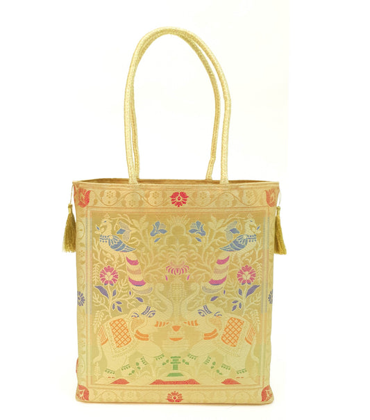 Beige Indian Handbag Ethnic Peacock Elephant Woven Zari Brocade Shoulder Bag