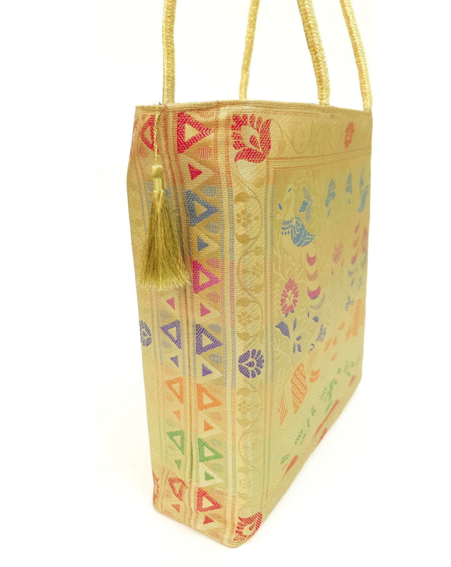 Beige Indian Handbag Ethnic Peacock Elephant Woven Zari Brocade Shoulder Bag