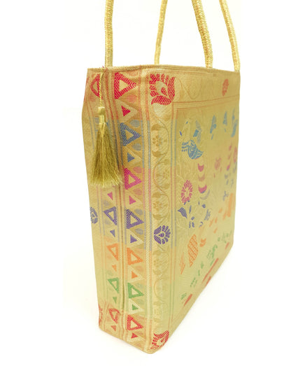 Beige Indian Handbag Ethnic Peacock Elephant Woven Zari Brocade Shoulder Bag