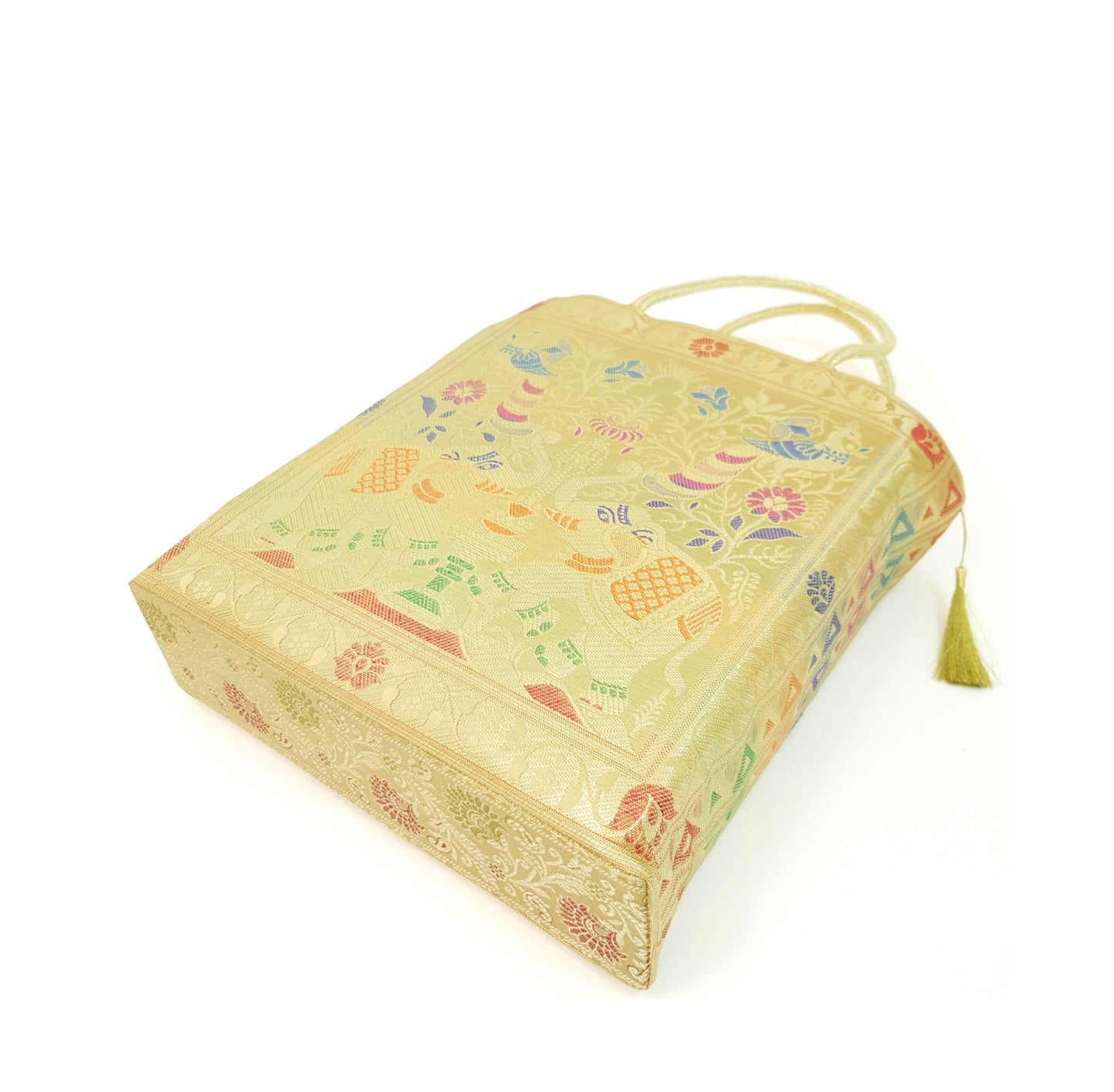 Beige Indian Handbag Ethnic Peacock Elephant Woven Zari Brocade Shoulder Bag