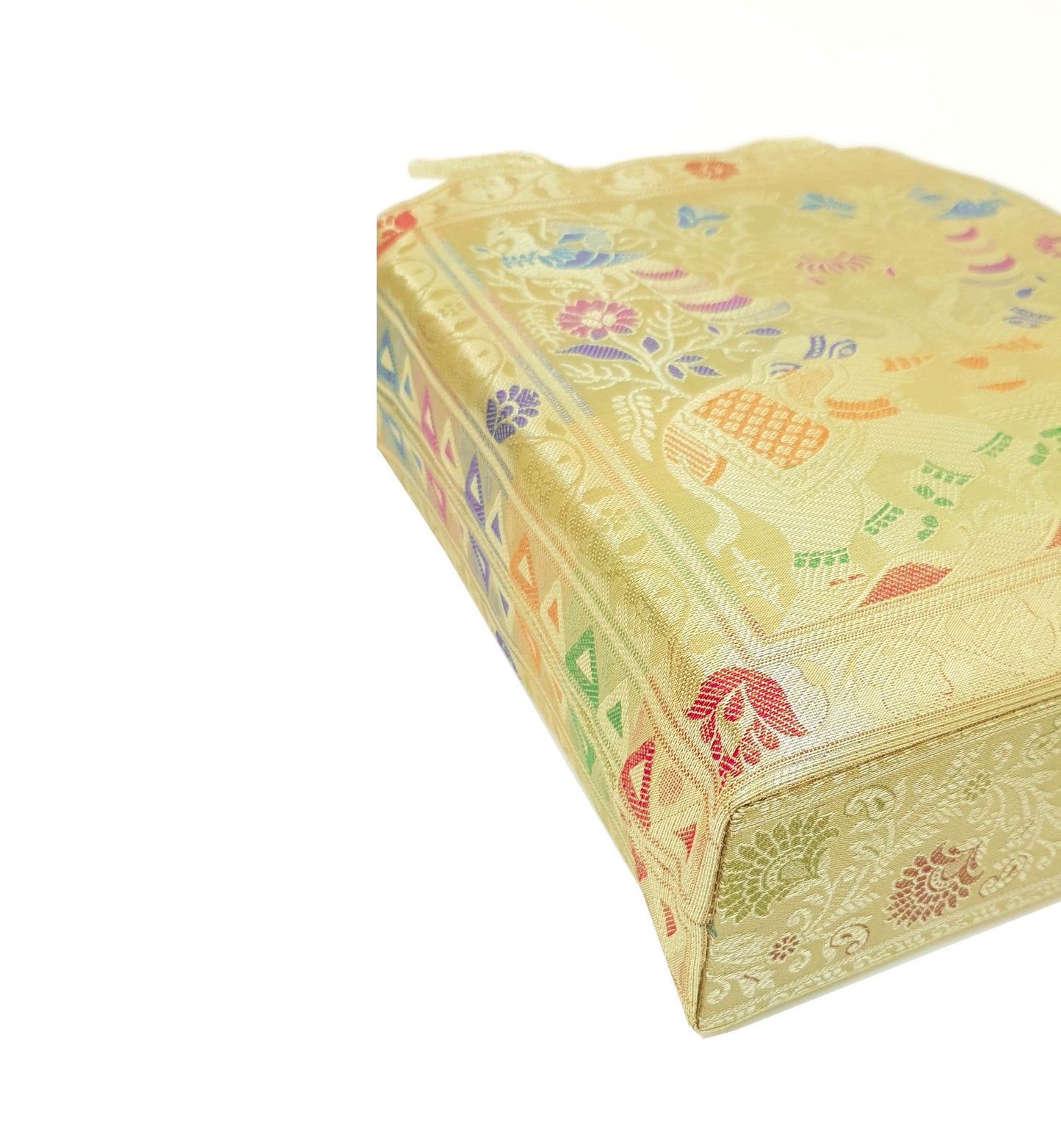 Beige Indian Handbag Ethnic Peacock Elephant Woven Zari Brocade Shoulder Bag