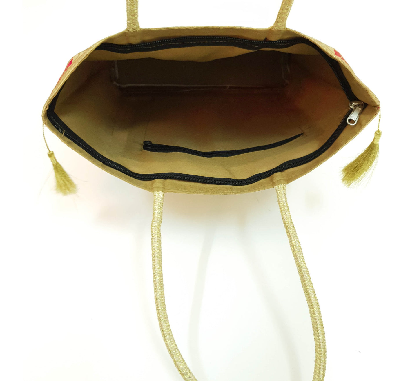 Beige Indian Handbag Ethnic Peacock Elephant Woven Zari Brocade Shoulder Bag