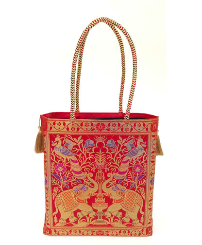Red Indian Handbag Ethnic Peacock Elephant Woven Zari Brocade Shoulder Hand Bag