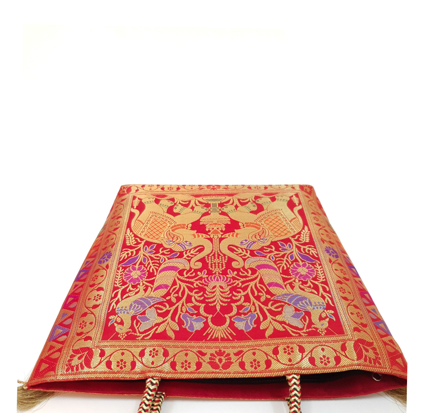 Red Indian Handbag Ethnic Peacock Elephant Woven Zari Brocade Shoulder Hand Bag