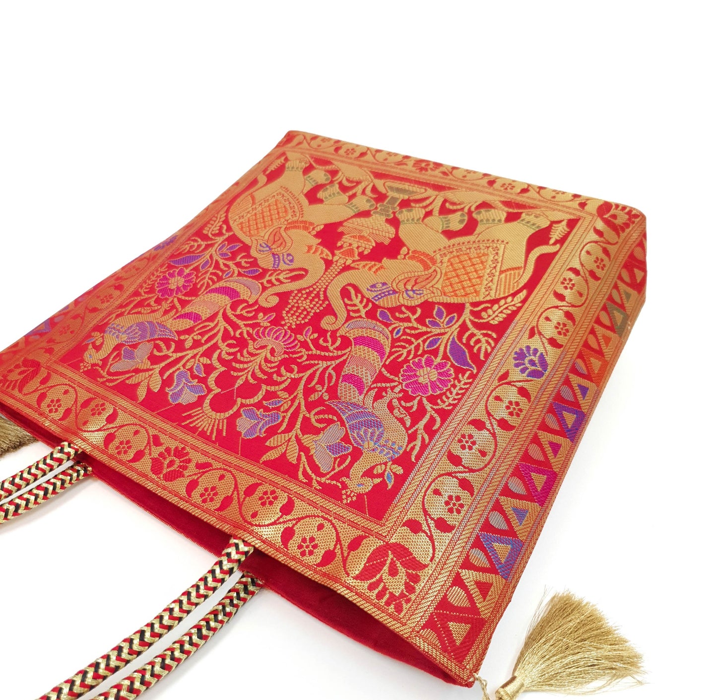 Red Indian Handbag Ethnic Peacock Elephant Woven Zari Brocade Shoulder Hand Bag