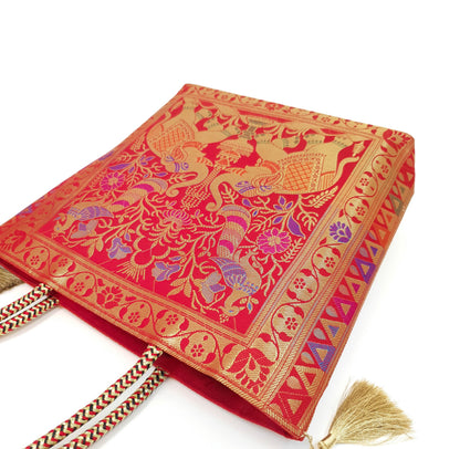 Red Indian Handbag Ethnic Peacock Elephant Woven Zari Brocade Shoulder Hand Bag
