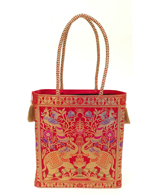 Red Indian Handbag Ethnic Peacock Elephant Woven Zari Brocade Shoulder Hand Bag