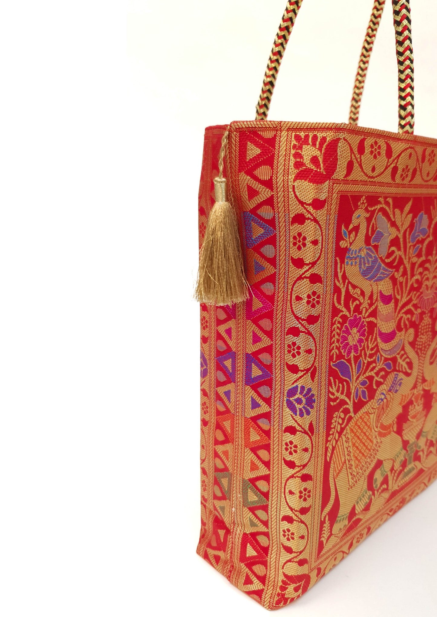 Red Indian Handbag Ethnic Peacock Elephant Woven Zari Brocade Shoulder Hand Bag