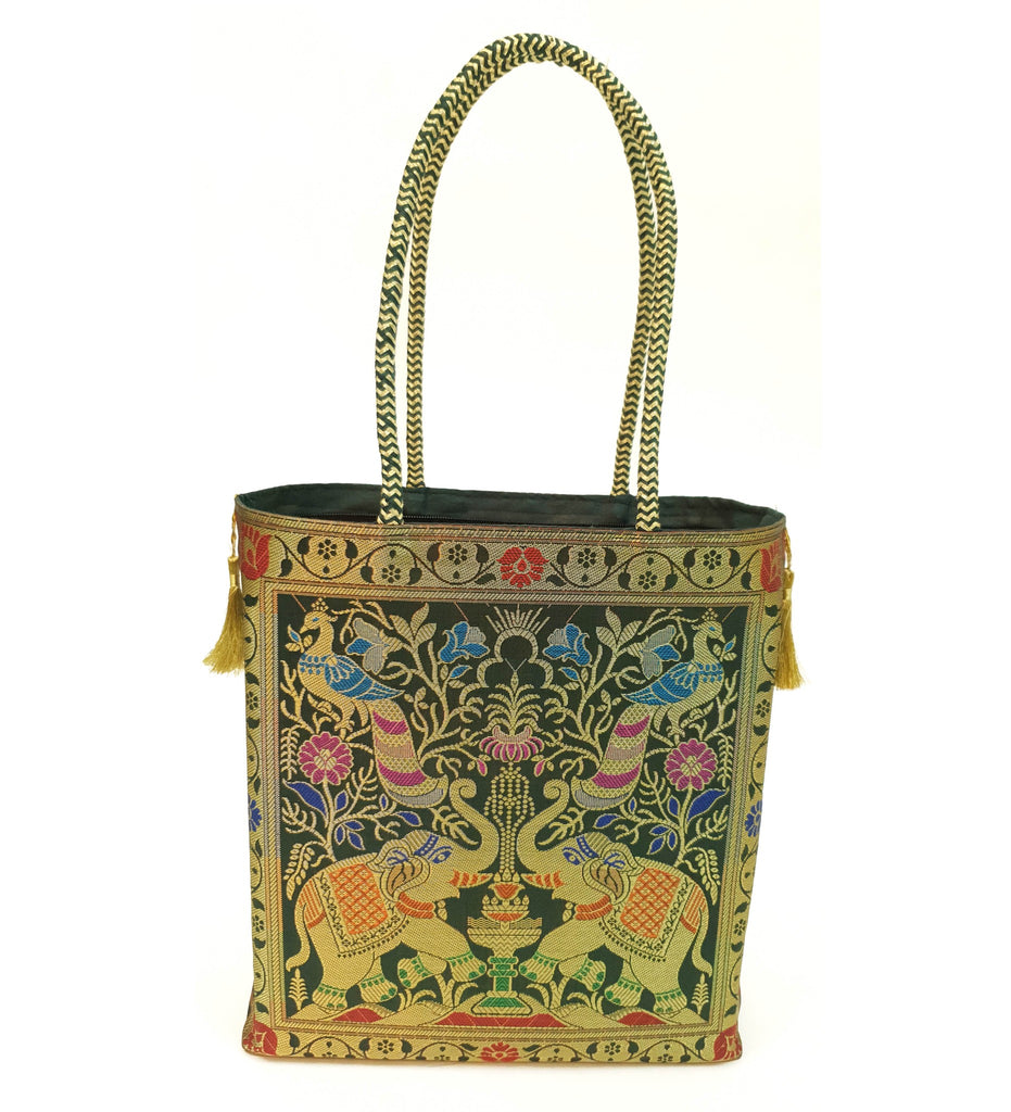 Handbag Ethnic Peacock Elephant Woven Zari Brocade Dark Green Shoulder Hand Bag