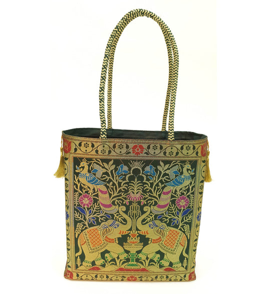 Handbag Ethnic Peacock Elephant Woven Zari Brocade Dark Green Shoulder Hand Bag