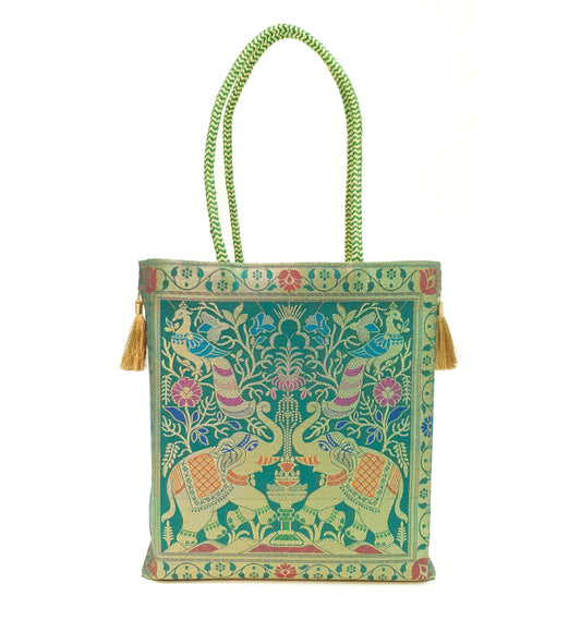 Handbag Ethnic Peacock Elephant Woven Zari Brocade Teal Green Shoulder Hand Bag