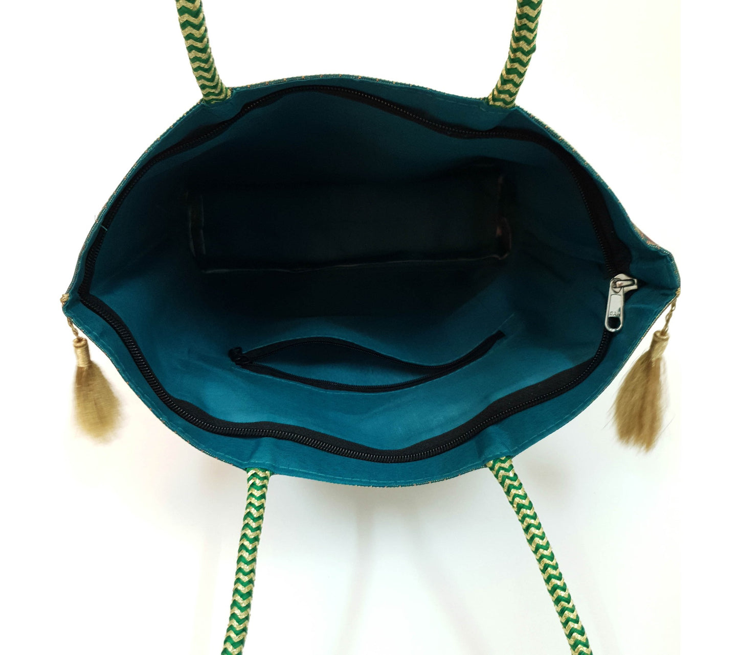 Handbag Ethnic Peacock Elephant Woven Zari Brocade Teal Green Shoulder Hand Bag