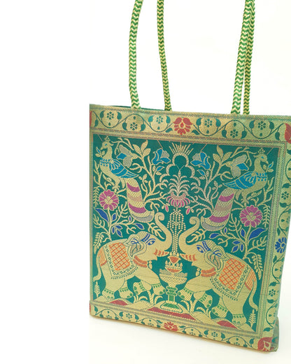 Handbag Ethnic Peacock Elephant Woven Zari Brocade Teal Green Shoulder Hand Bag