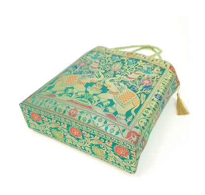 Handbag Ethnic Peacock Elephant Woven Zari Brocade Teal Green Shoulder Hand Bag