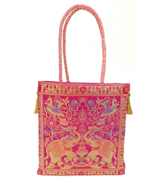 Pink Handbag Indian Ethnic Peacock Elephant Woven Zari Brocade Shoulder Hand Bag