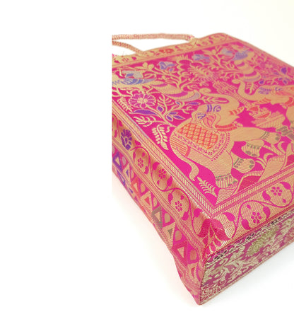 Pink Handbag Indian Ethnic Peacock Elephant Woven Zari Brocade Shoulder Hand Bag