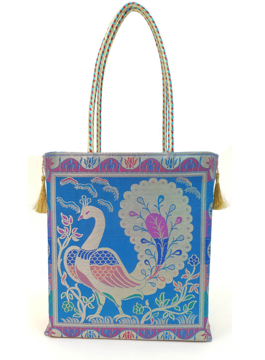 Handbag Indian Ethnic Peacock Woven Zari Brocade Fabric Blue Shoulder Hand Bag